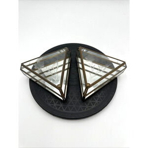 Pair Of Vintage Triangle Brass & Etched Flower Glass Trinket Triangle Box